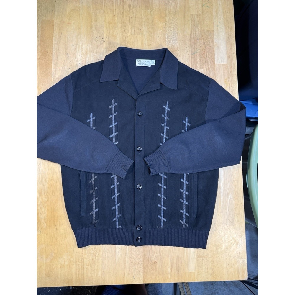 Vintage St Croix Knits Bonney Gordon Wool Cardigan Shirt Jacket USA XL Black